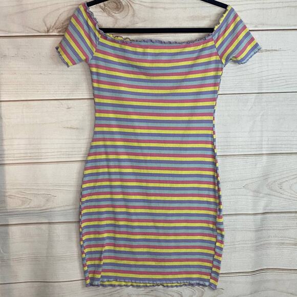 Shein Rainbow Colors Striped Off Shoulder Bodycon Mini Dress Size Medium - Picture 4 of 7